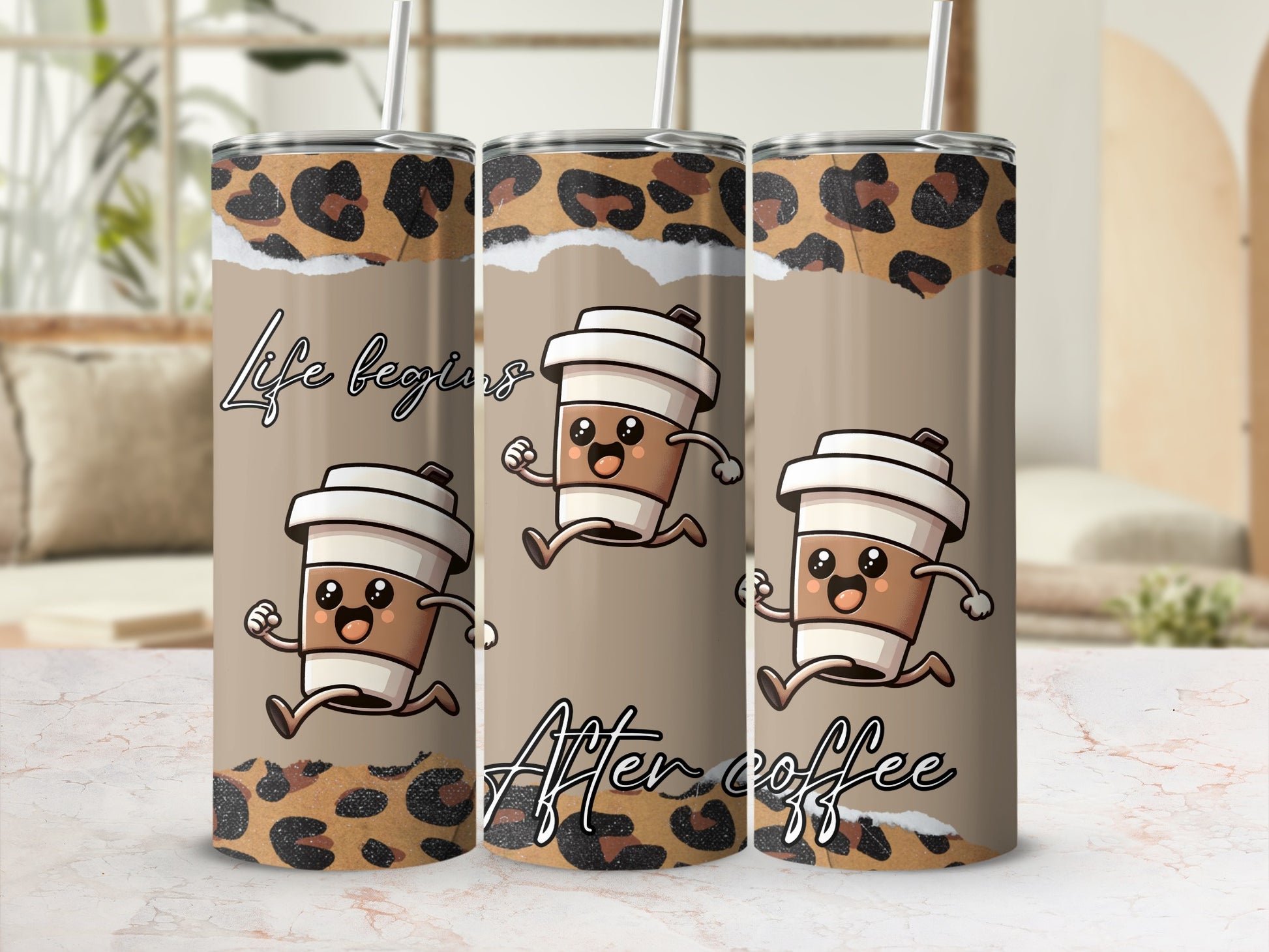 Life Begins After Coffee Cute Leopard Print Tumbler