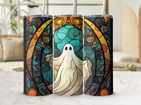 Stained glass tumbler with a ghost design.