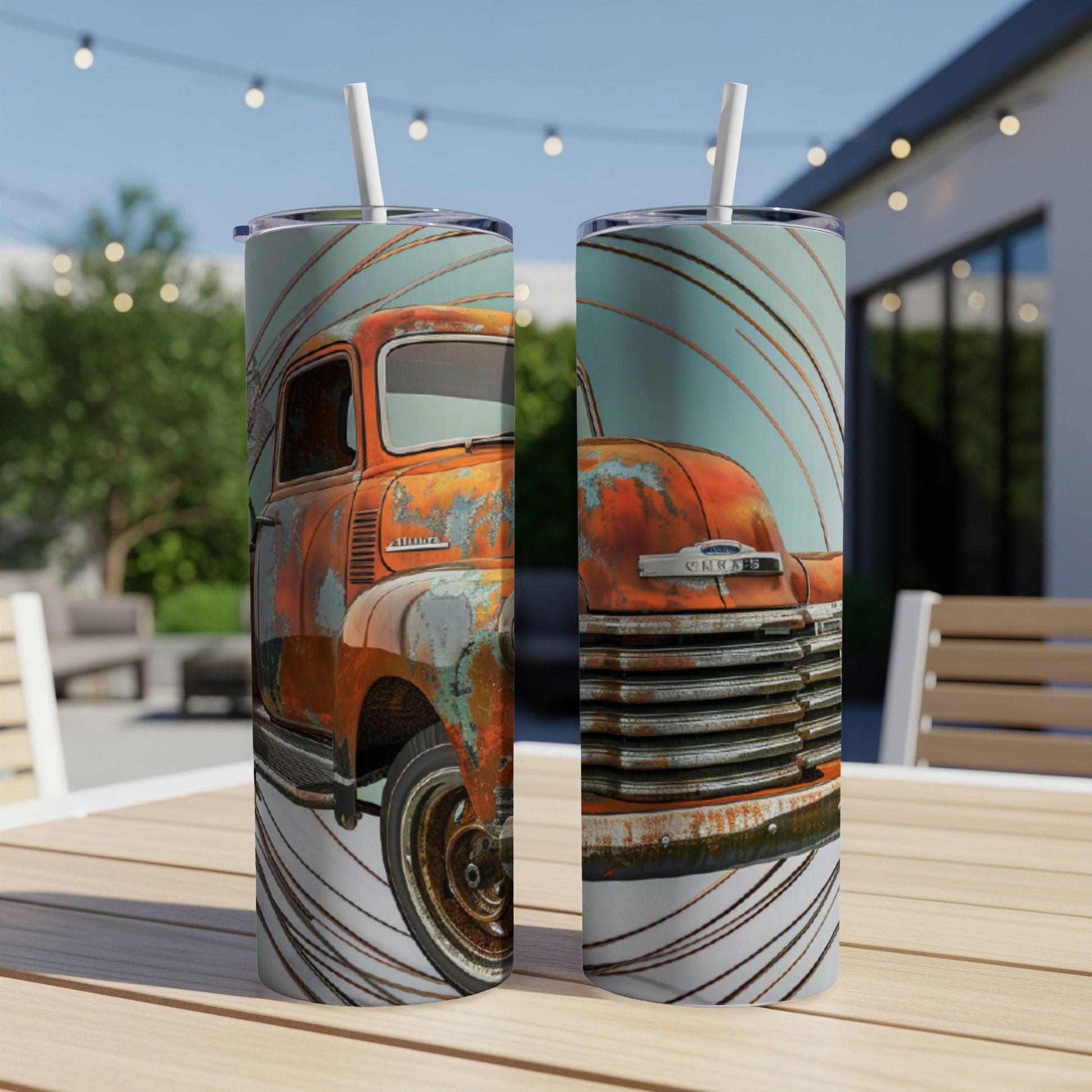 Two tumblers featuring a vintage orange truck with rusted details.