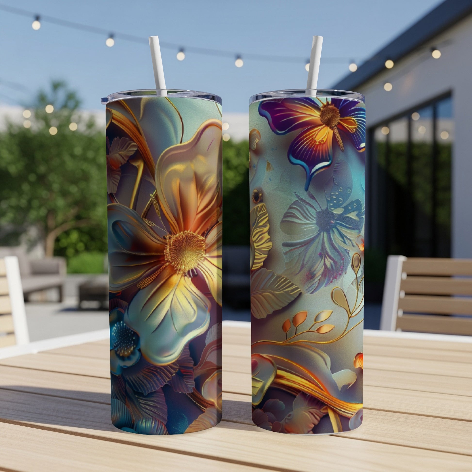 Two ornate floral tumblers with colorful designs stand on a wooden table outdoors.