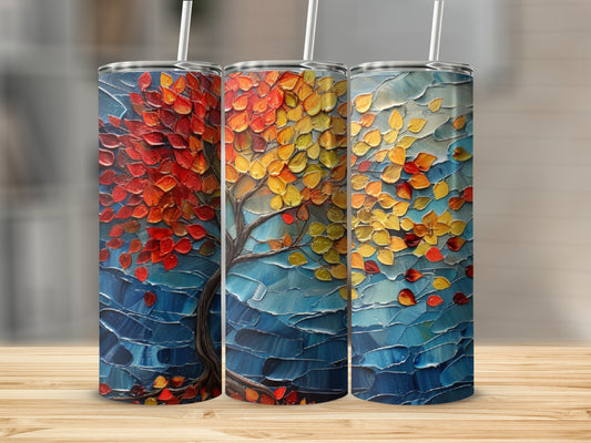 Three tumblers featuring a textured oil painting of a tree with falling autumn leaves.