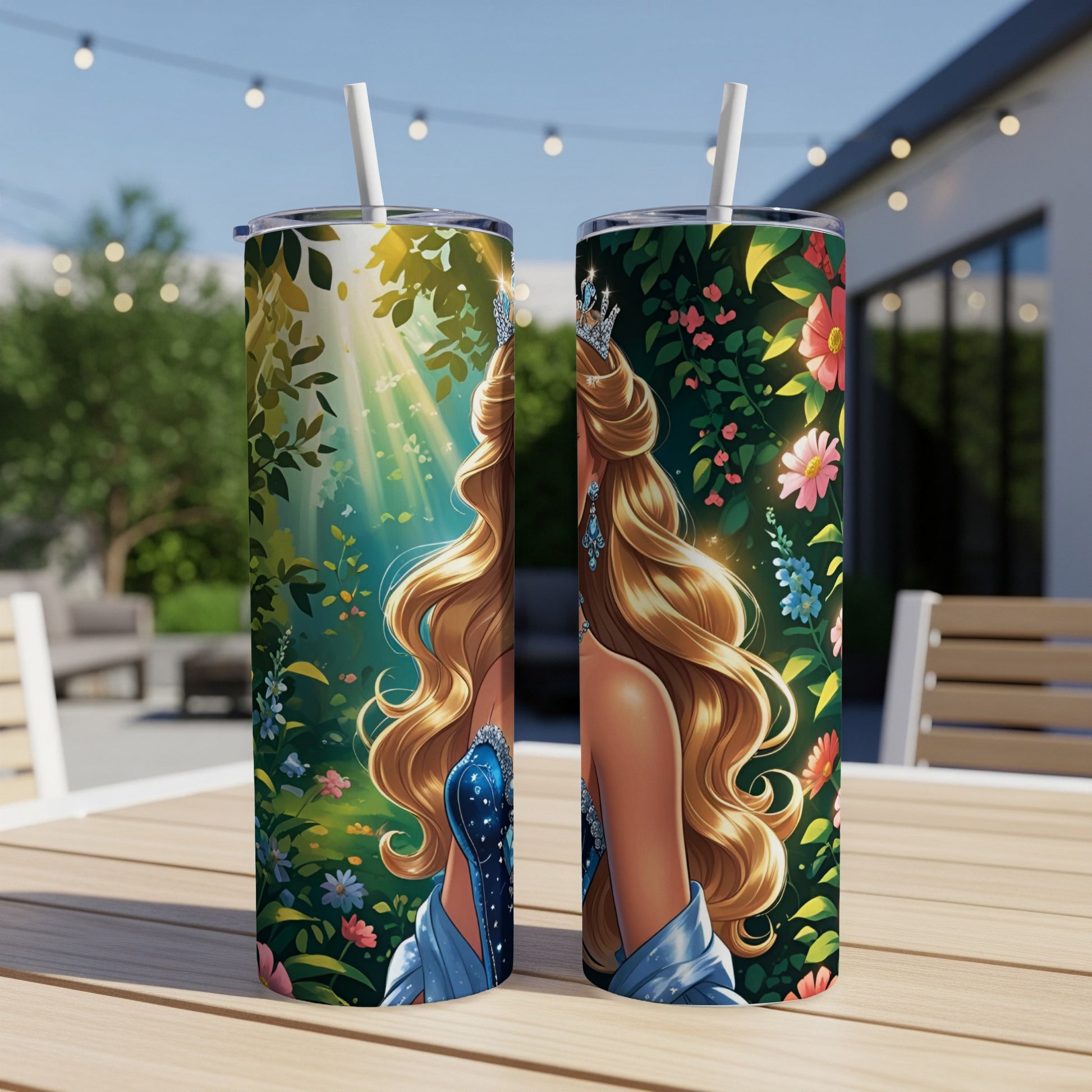 Two tumblers featuring a crowned woman with flowing blonde hair in a floral garden.