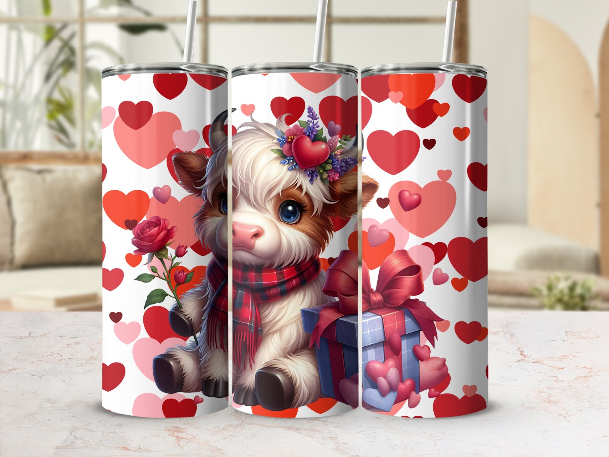 Cute Valentine Cow with Hearts Tumbler for Gifting