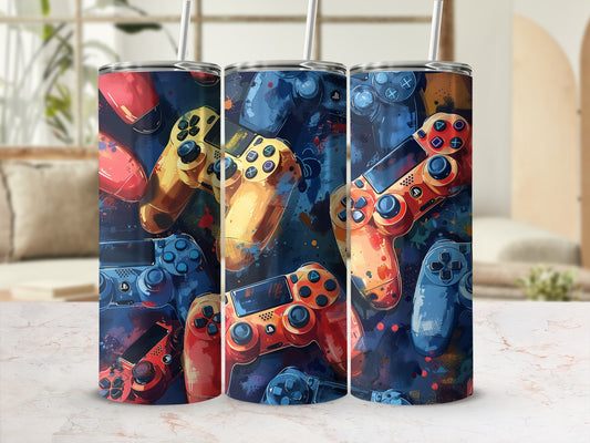 Three tumblers with a vibrant video game controller pattern.