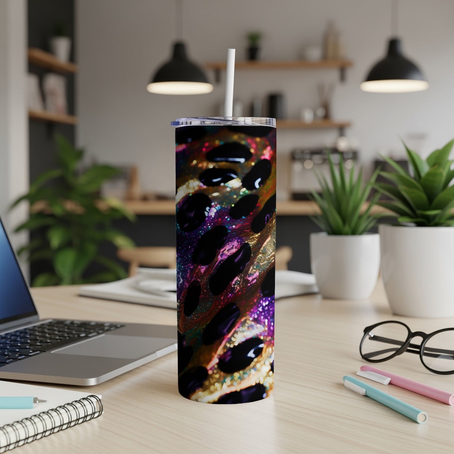 Colorful speckled tumbler with straw on a desk next to a laptop and pens.