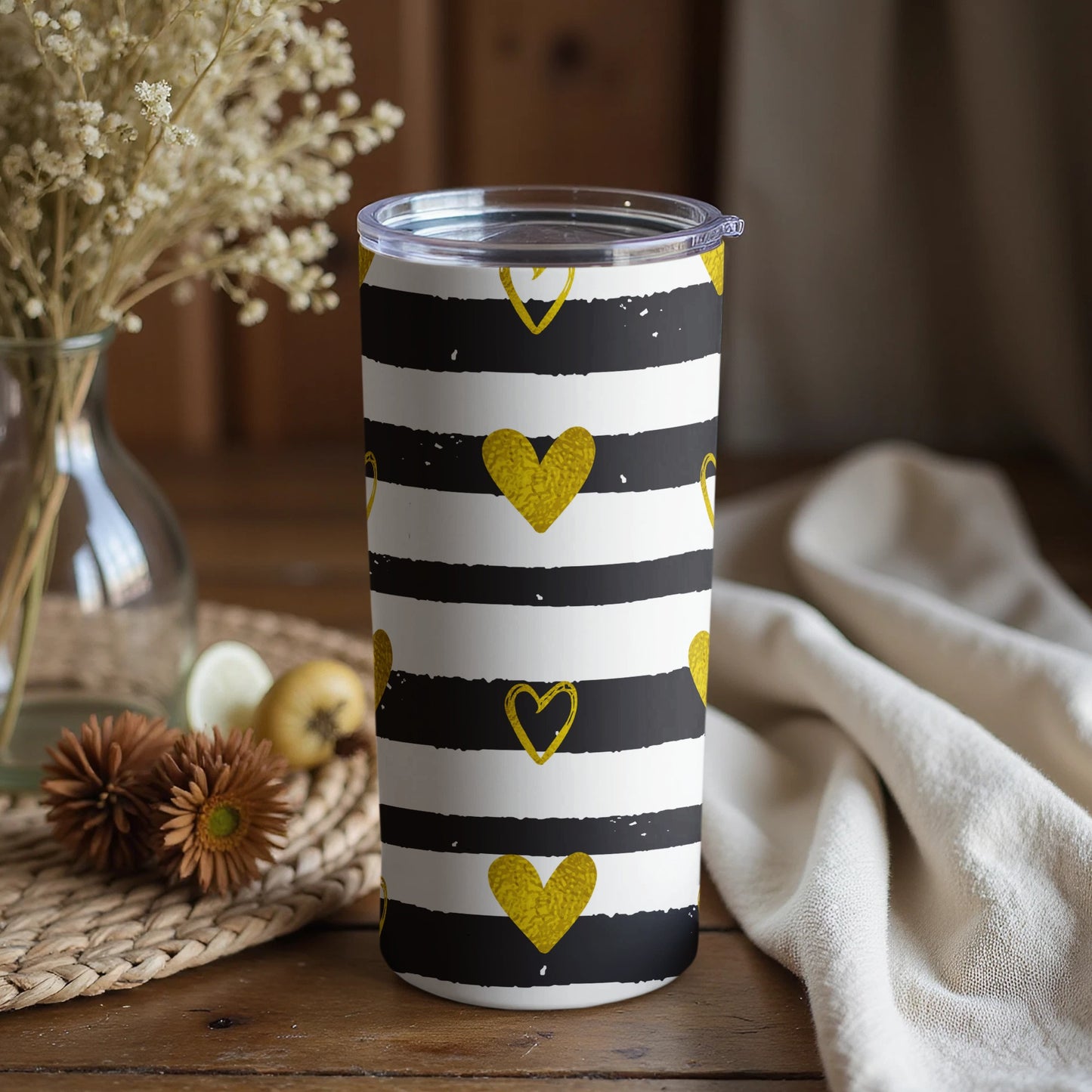 Black and White Striped Tumbler with Yellow Hearts