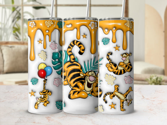 Tigger character with balloons, stars, and dripping paint on a tumbler.