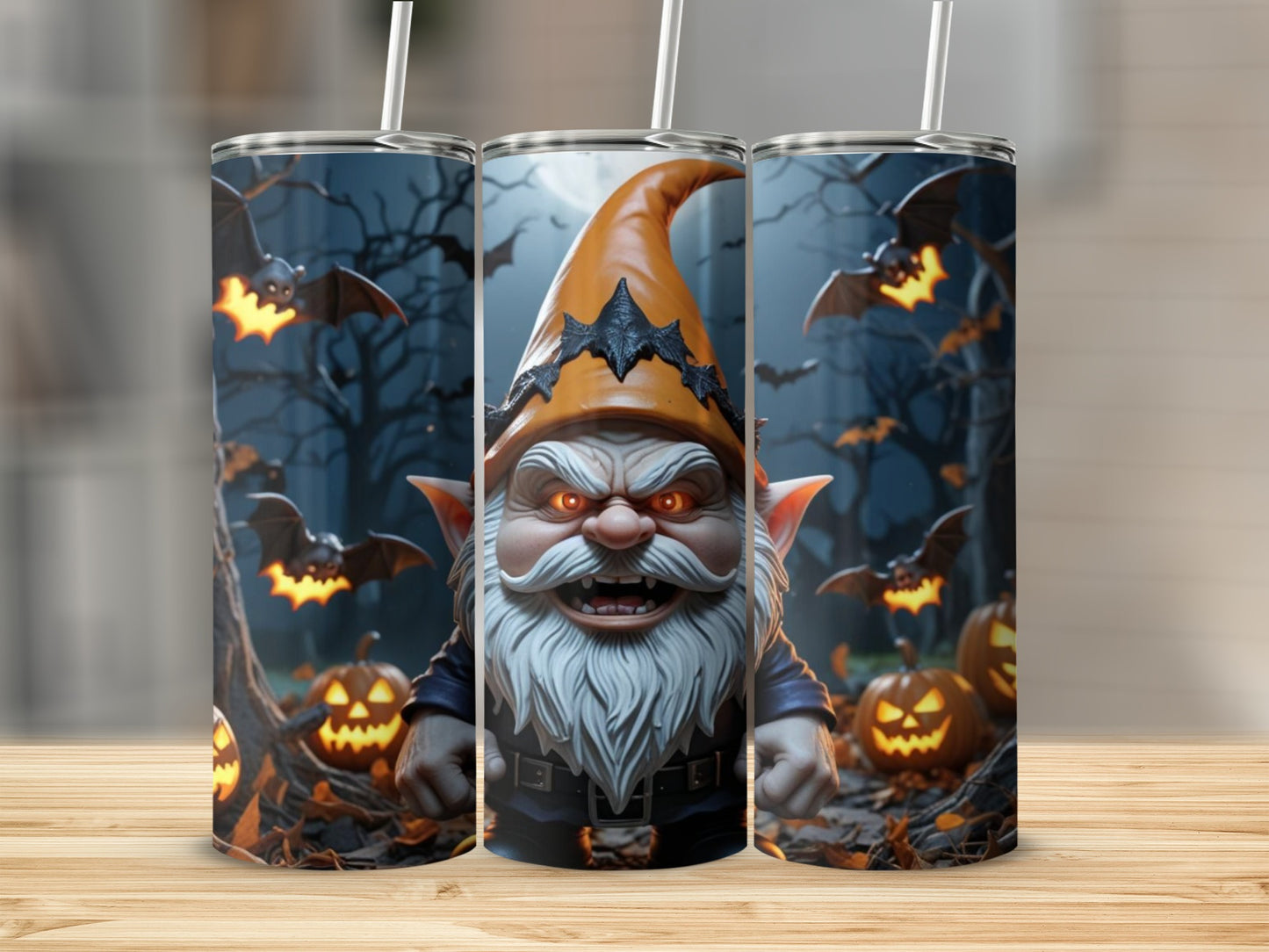 Creepy Halloween Gnome with Pumpkins and Bats Tumbler