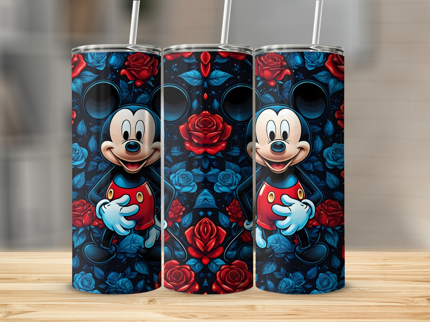 Mickey Mouse Tumbler with Vibrant Red and Blue Roses