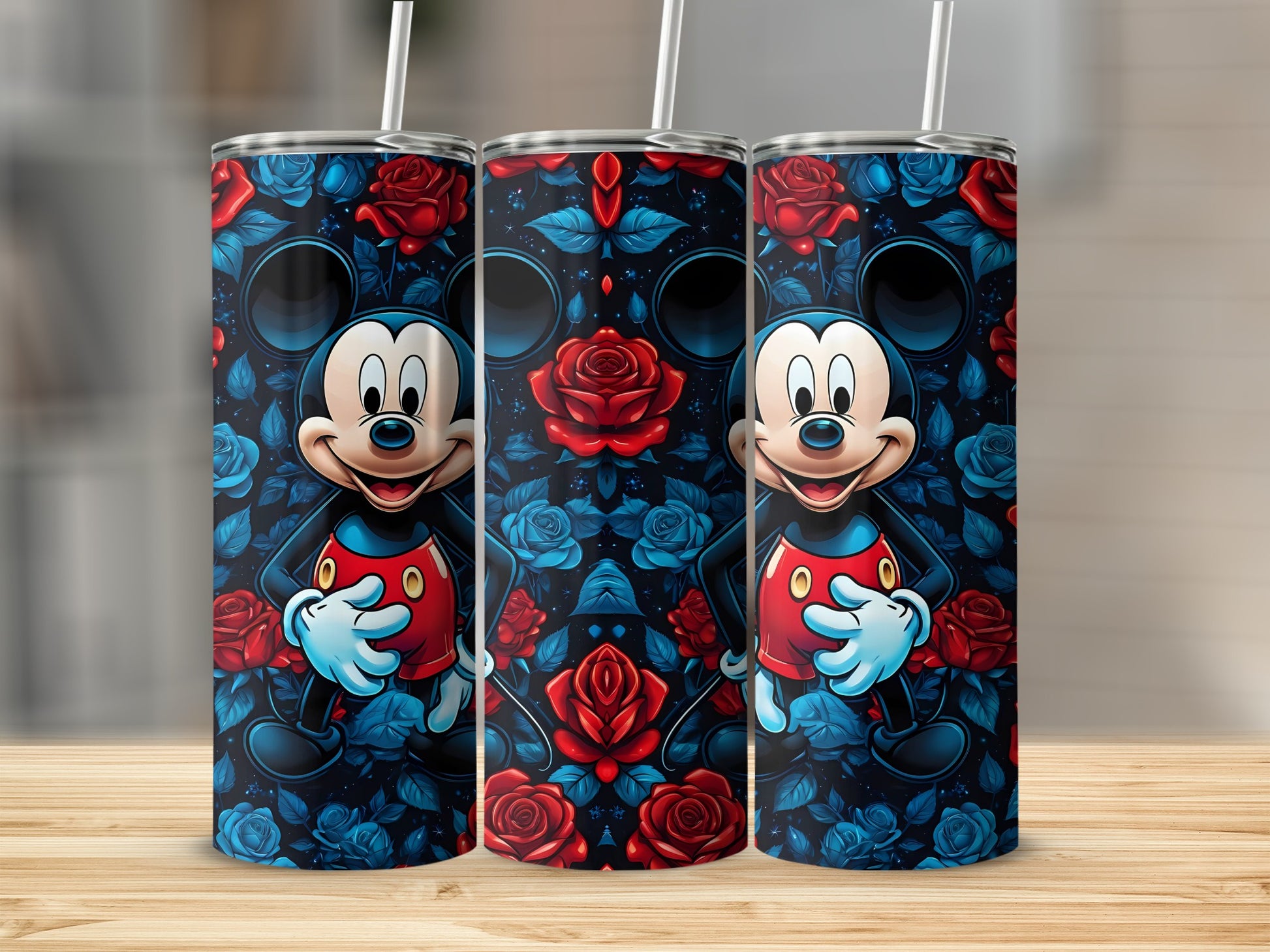 Mickey Mouse Tumbler with Vibrant Red and Blue Roses