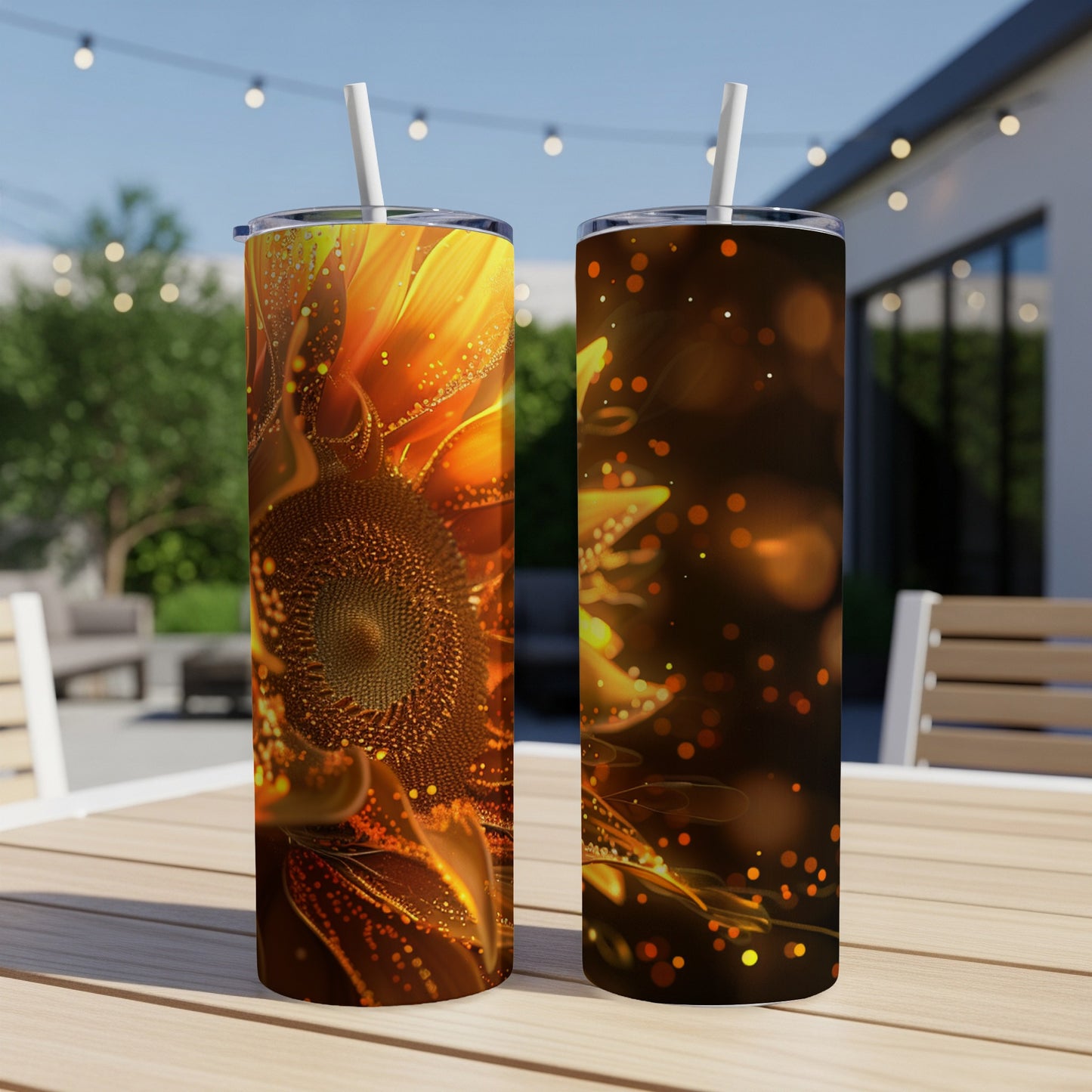 Two tumblers featuring a close-up, glowing sunflower design.