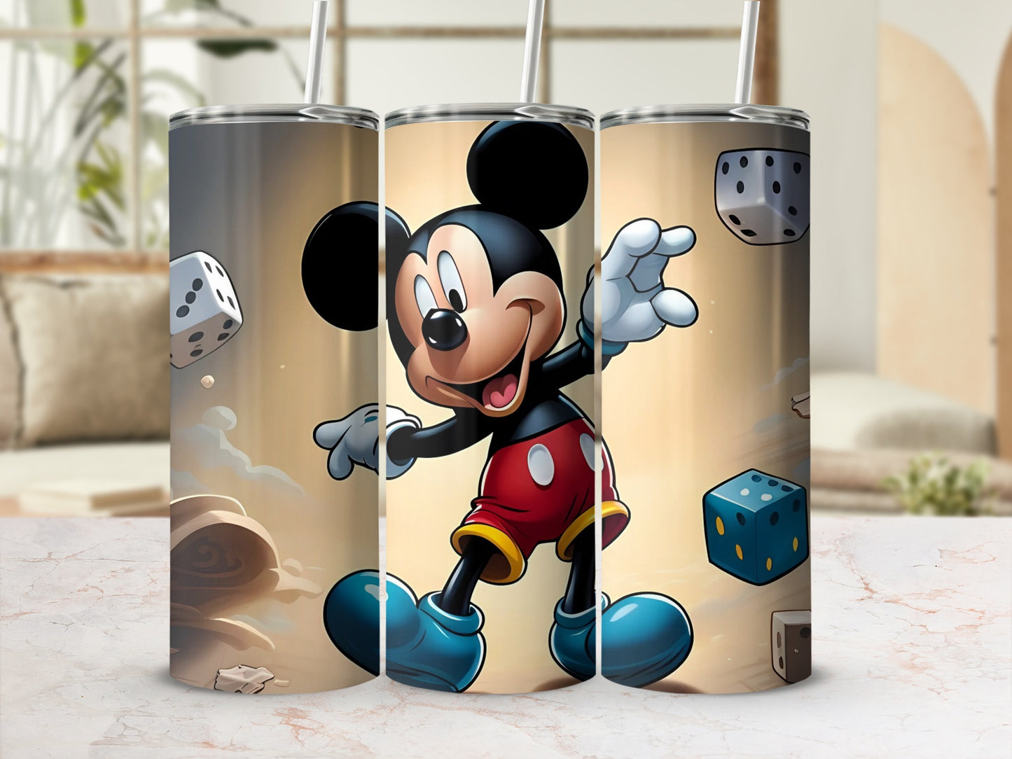 Mickey Mouse Dice Design Beverage Tumbler with Straw