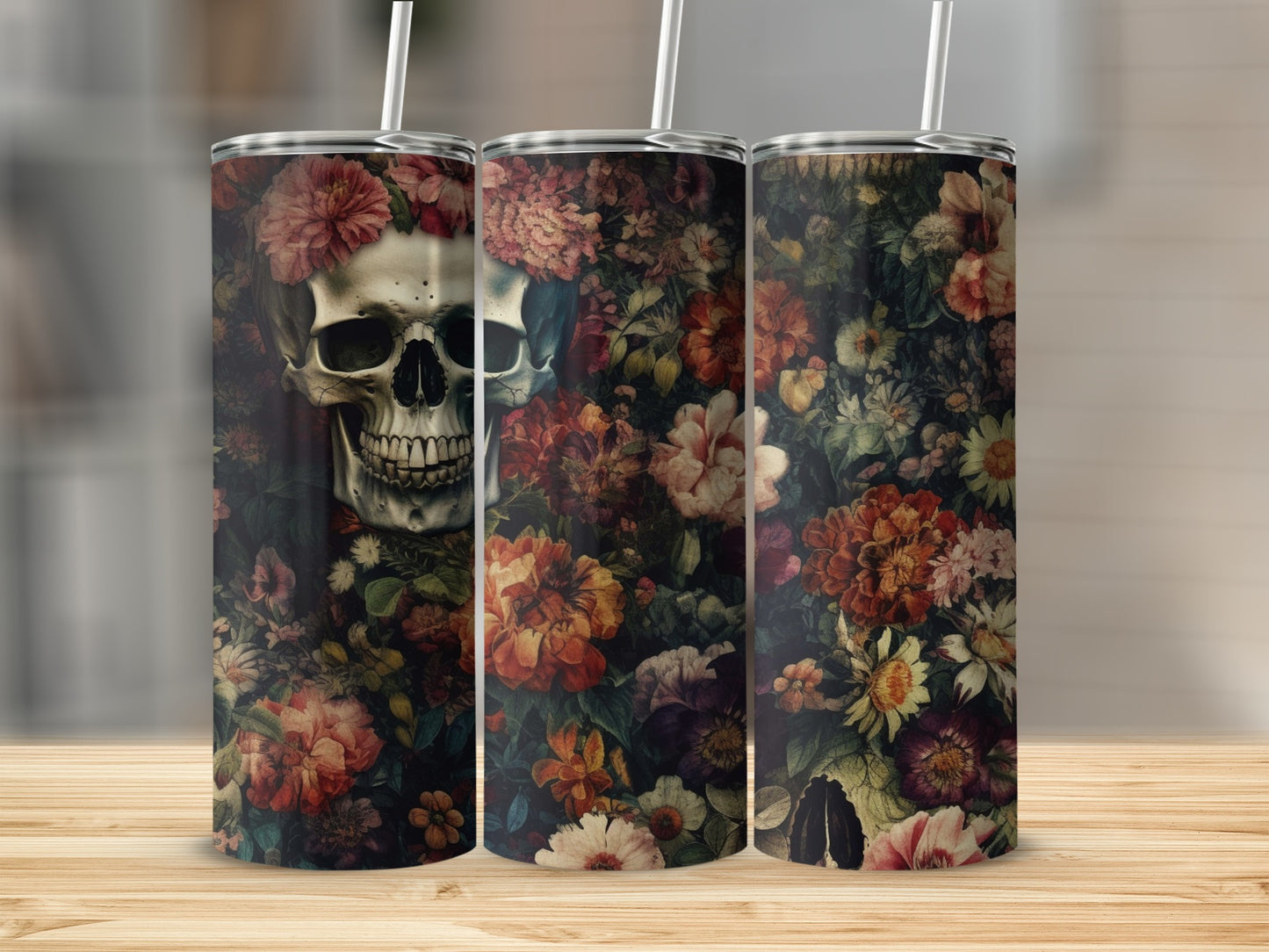 Floral Skull Art Insulated Tumbler Dark Floral Design