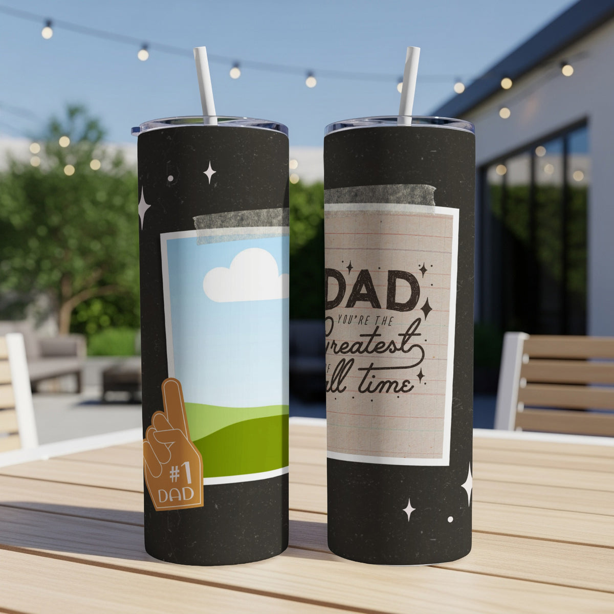 Two tumblers with "Dad you're the greatest of all time" and "#1 Dad" graphics.