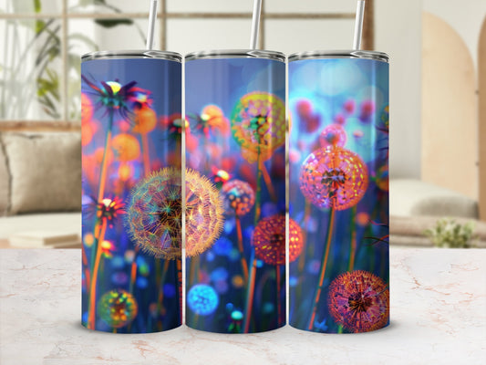 Three tumblers with vibrant dandelion seed heads against a blurred bokeh background.