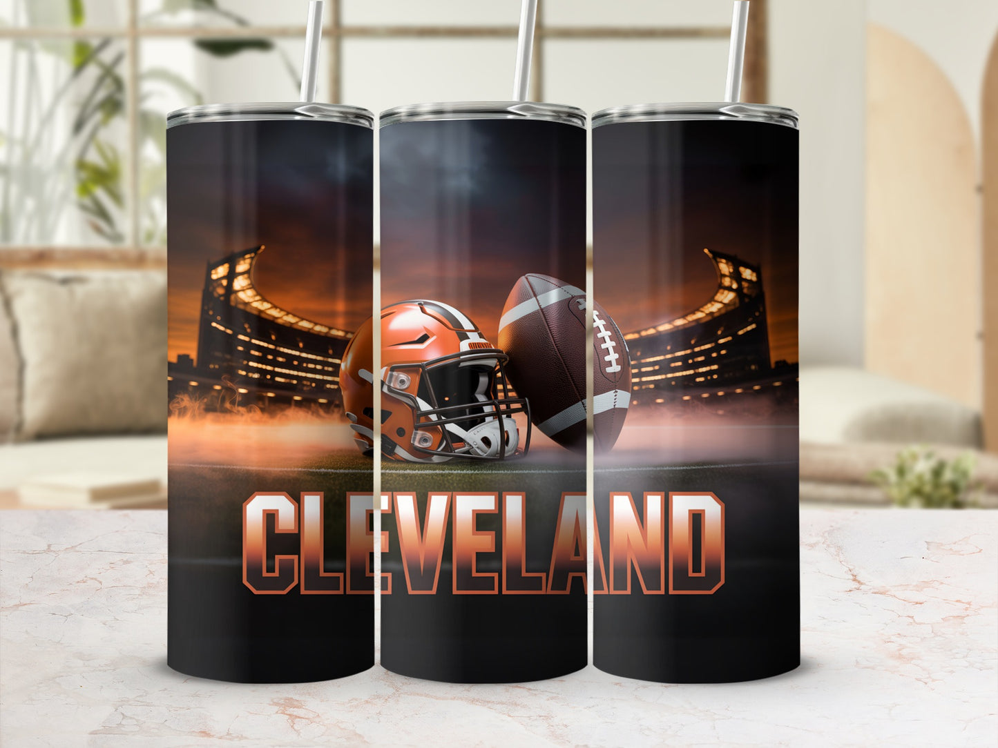 Cleveland football helmet and ball on stadium background tumbler.
