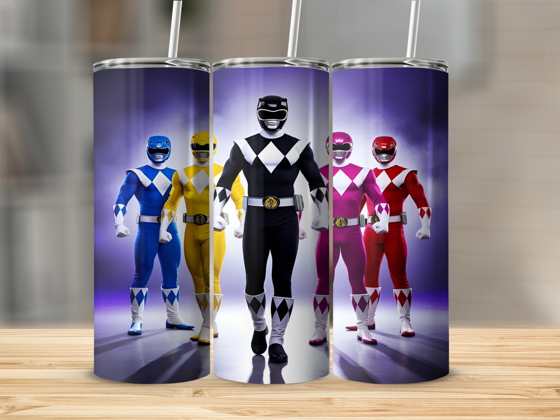Five Power Rangers in their colored suits standing against a purple gradient background.