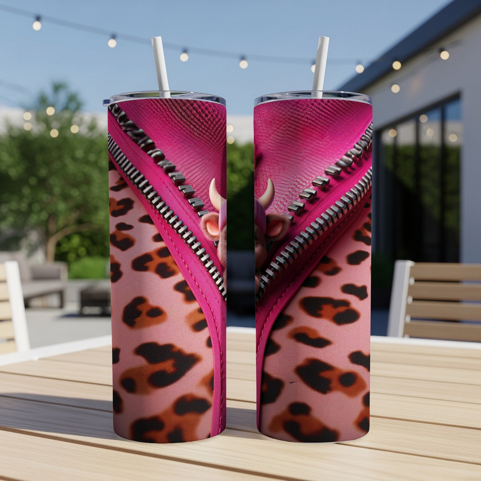 Two pink tumblers with zippers and leopard print, on a table outdoors.