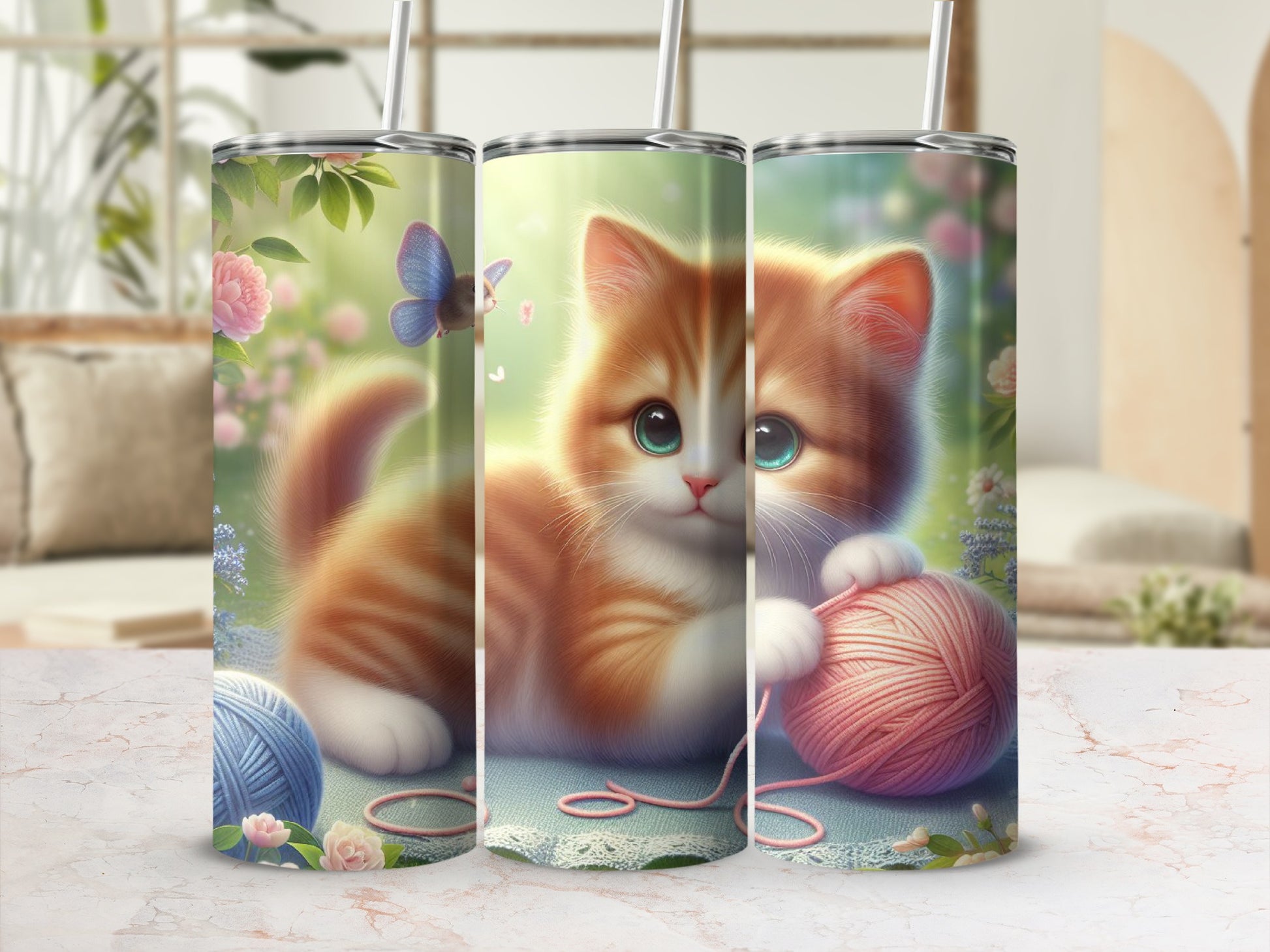 Orange tabby kitten playing with pink yarn, butterfly, flowers, on a tumbler.