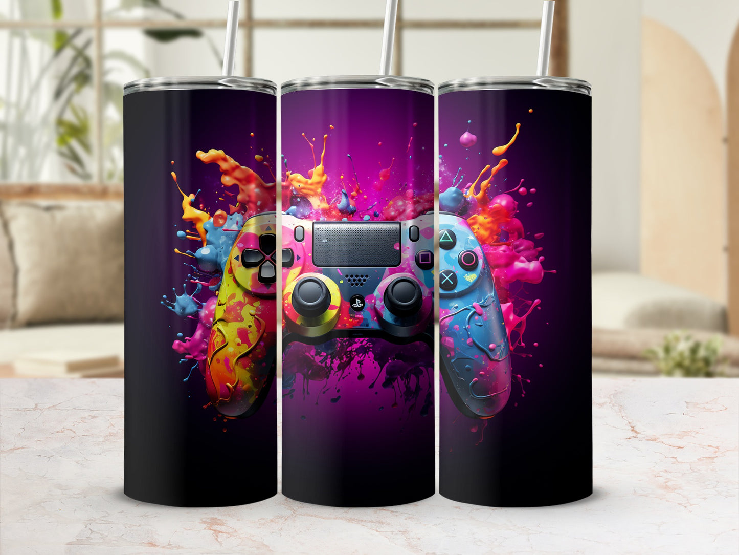 Vibrant Gaming Controller Splash Design Travel Tumbler