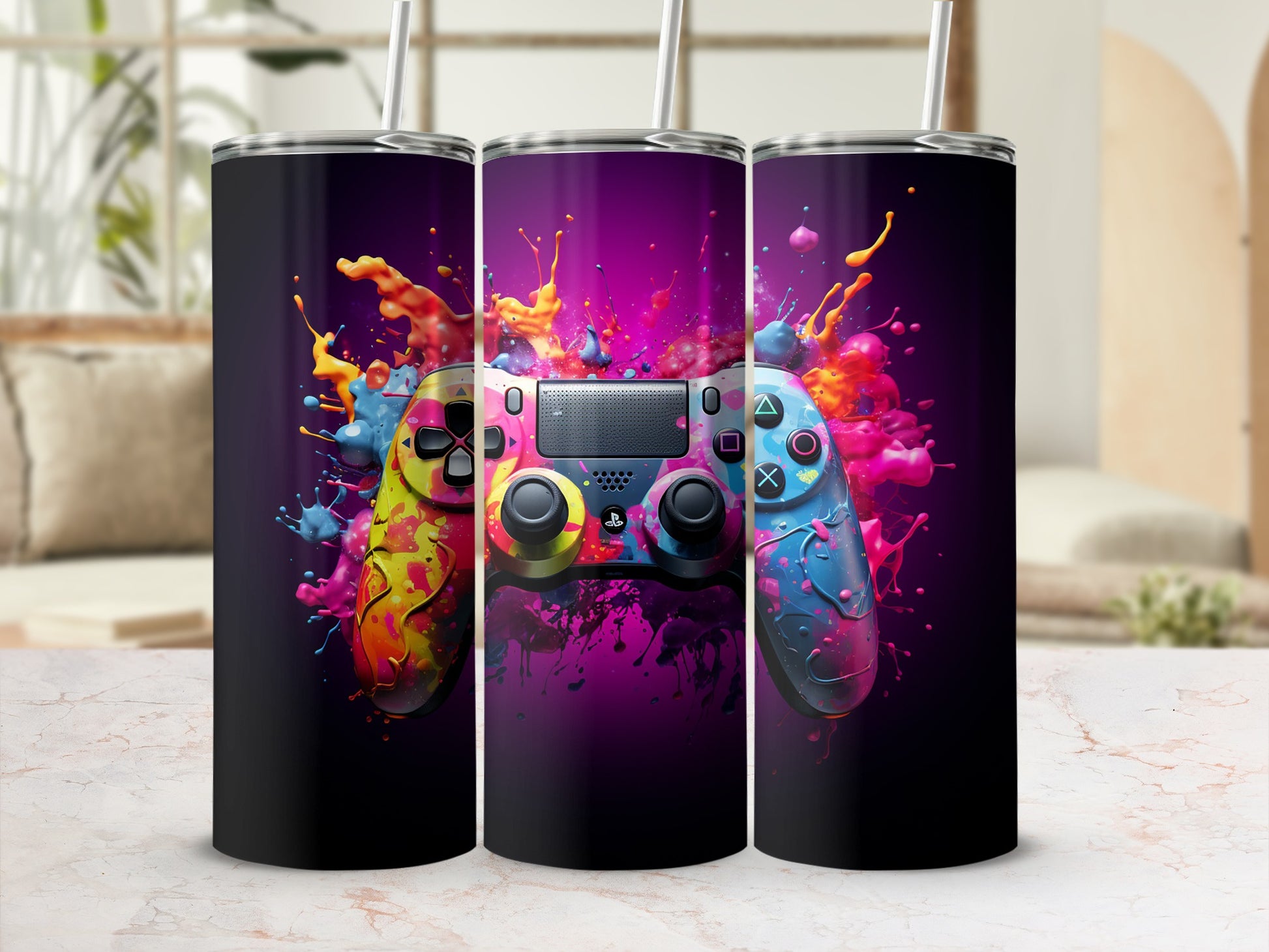 Vibrant Gaming Controller Splash Design Travel Tumbler