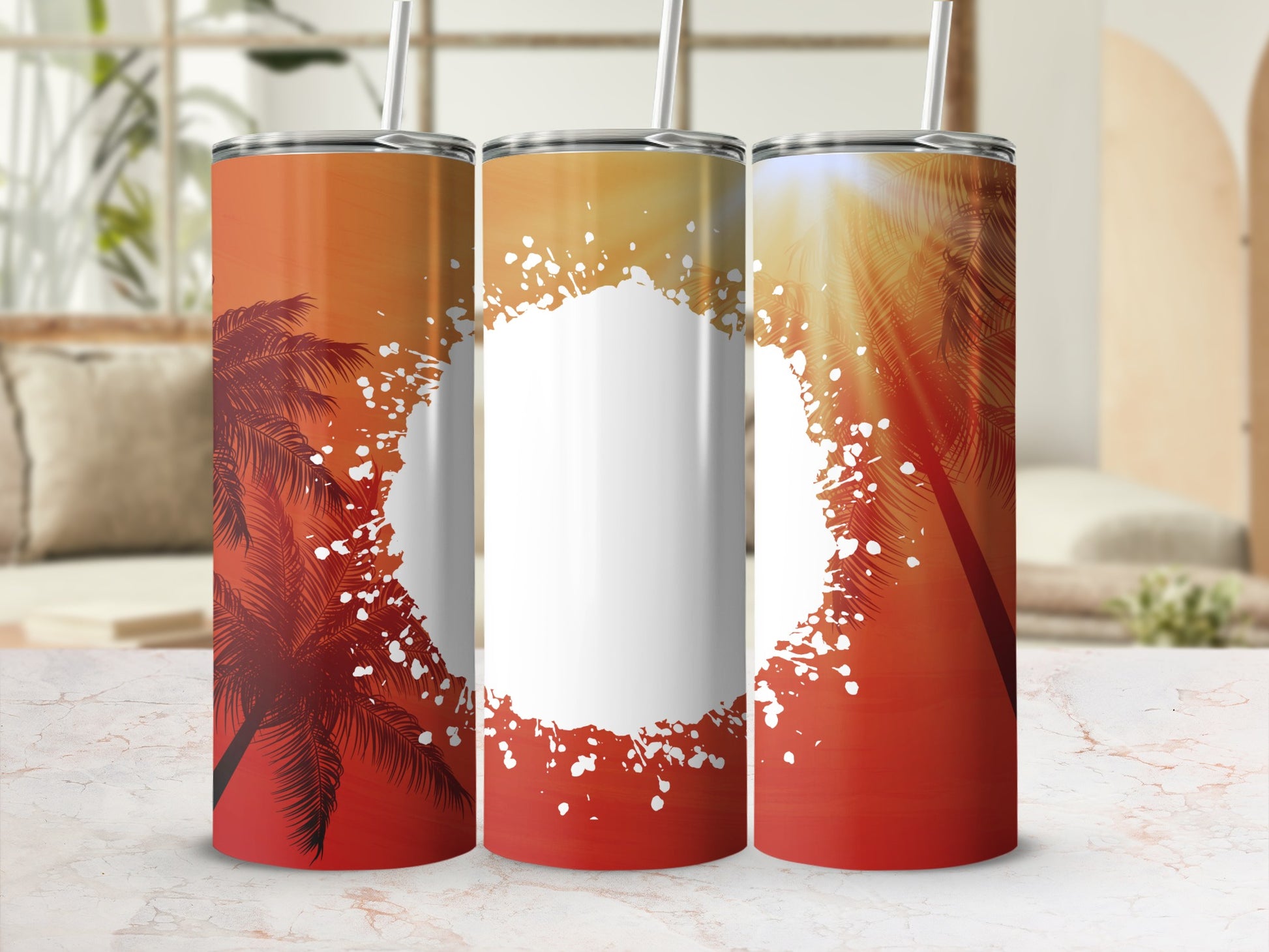Three tumblers with tropical sunset design and white center space.