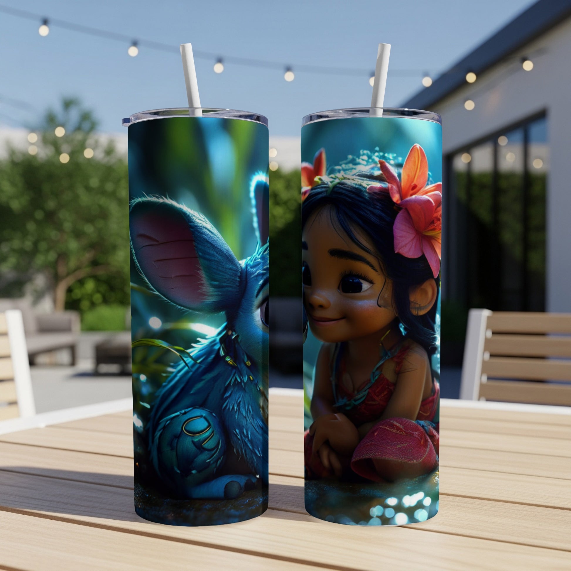 Two tumblers with characters from Moana and a blue creature.