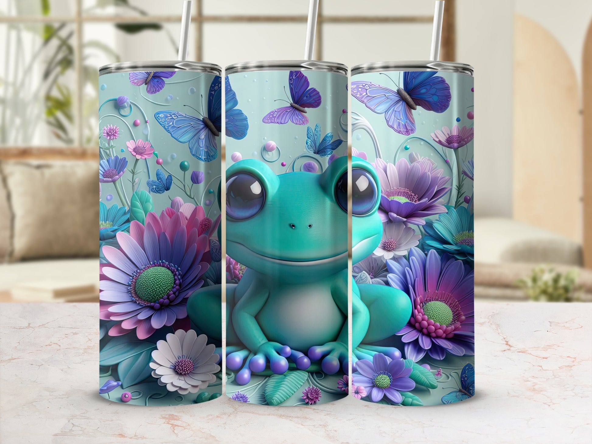Blue frog with large eyes surrounded by colorful flowers and butterflies.