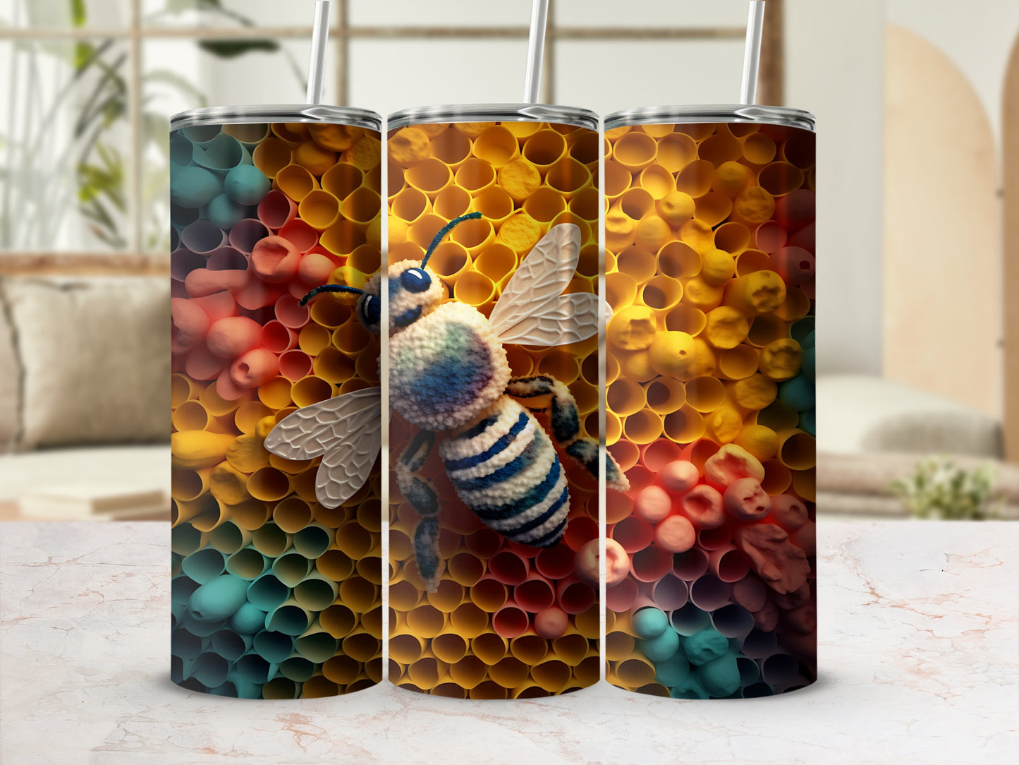 Triptych showcasing a bumblebee on a honeycomb background with ombre color.