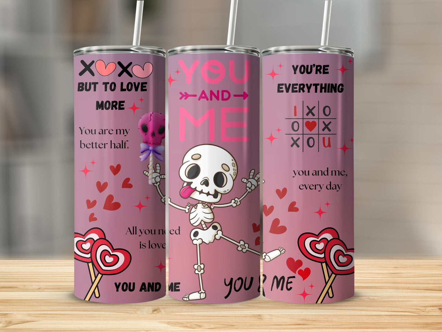 Pink Love You and Me Skeleton Tumbler
