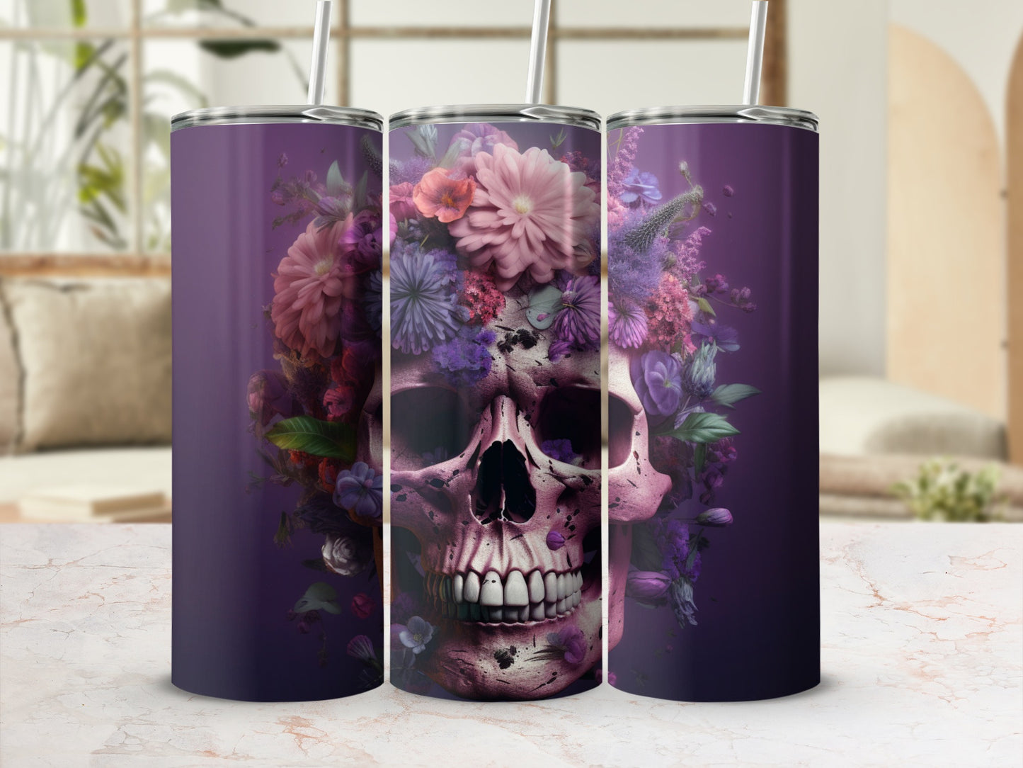 Floral Skull Art Stainless Steel Tumbler Cups