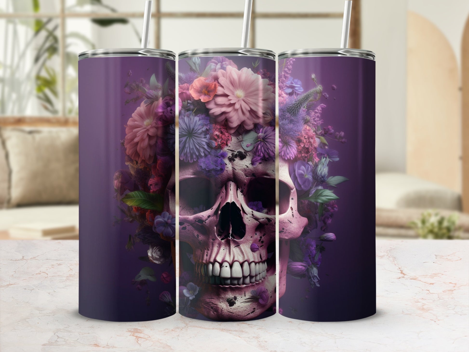 Floral Skull Art Stainless Steel Tumbler Cups