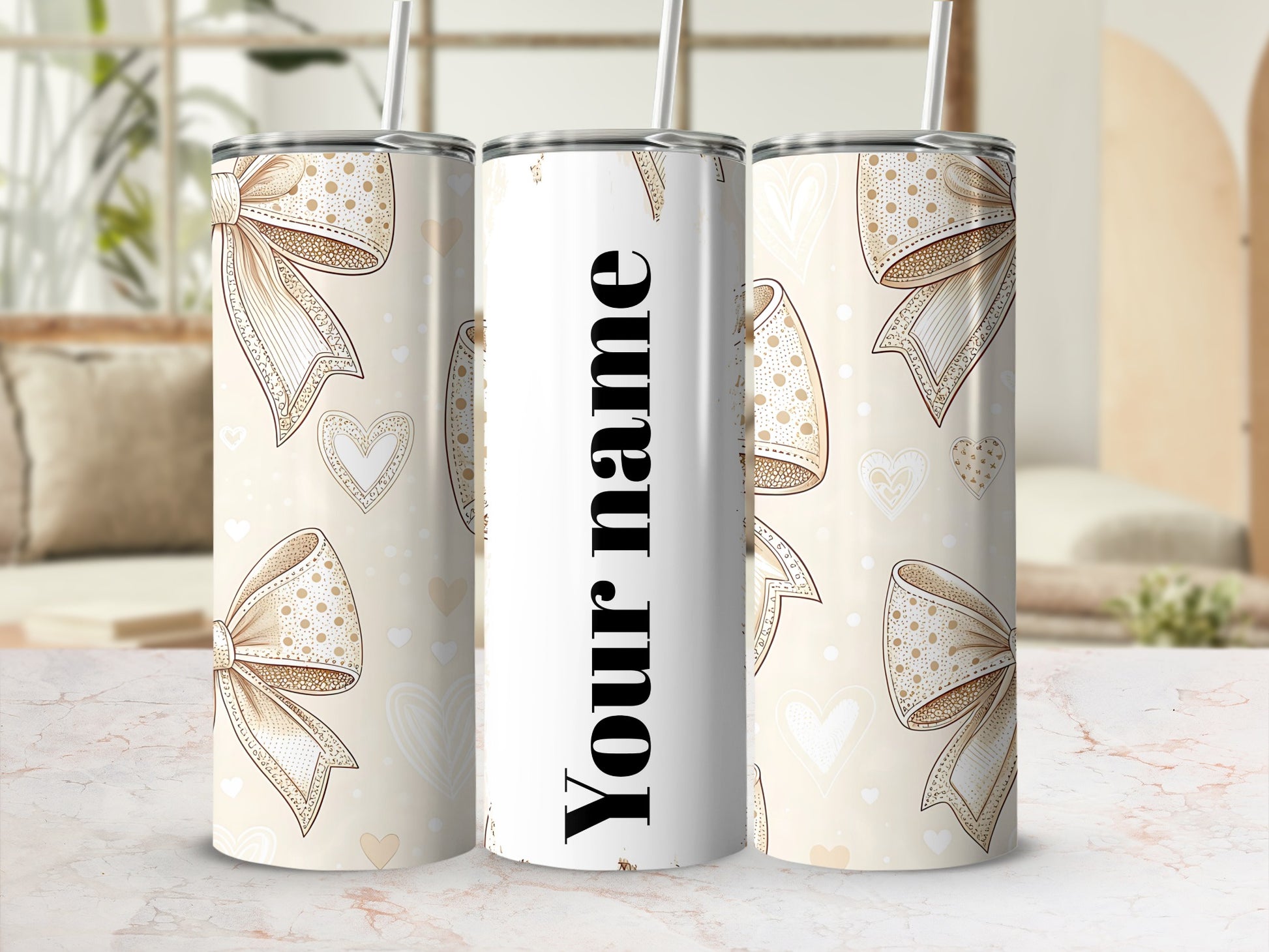Personalized Elegant Bow and Hearts Design Tumbler