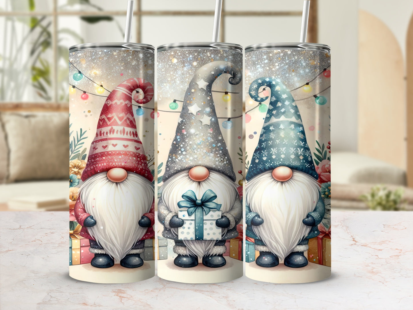 Three gnomes in festive hats holding gifts and standing amongst presents.