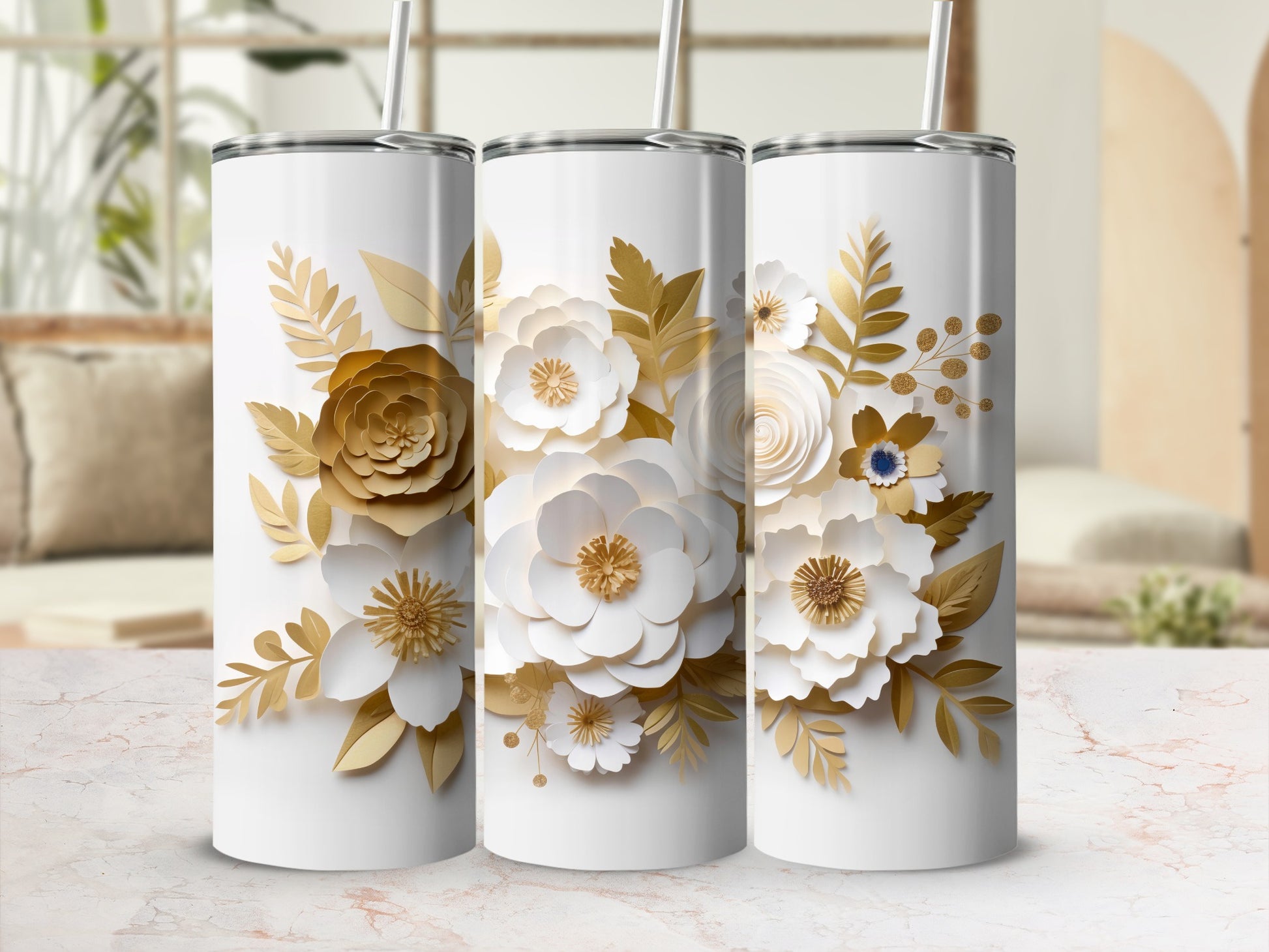 Elegant Gold and White Floral Design Tumbler Cups