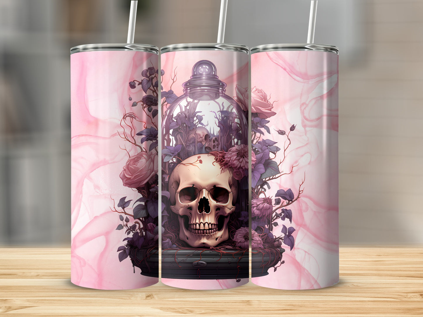 Skull and Flowers Design Pink Tumbler Product