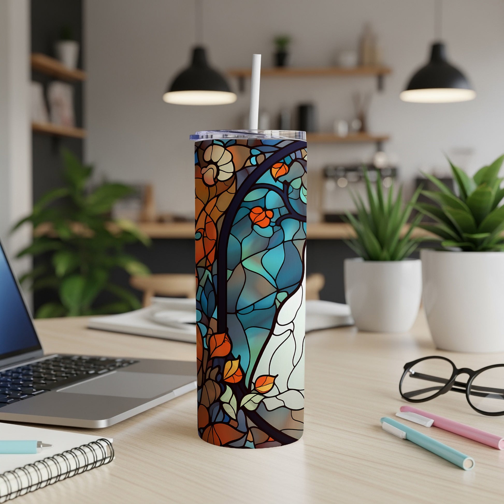 Stained glass tumbler with fall leaves and a white cat design.