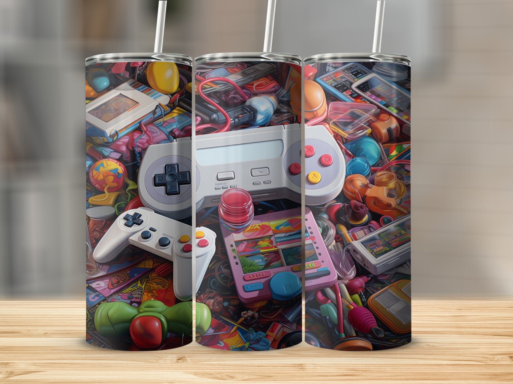 Collage of colorful retro video games and toys on a wooden surface.