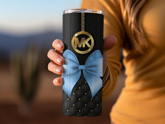 Luxurious Black Tumbler with Blue Bow and Gold Chain Design