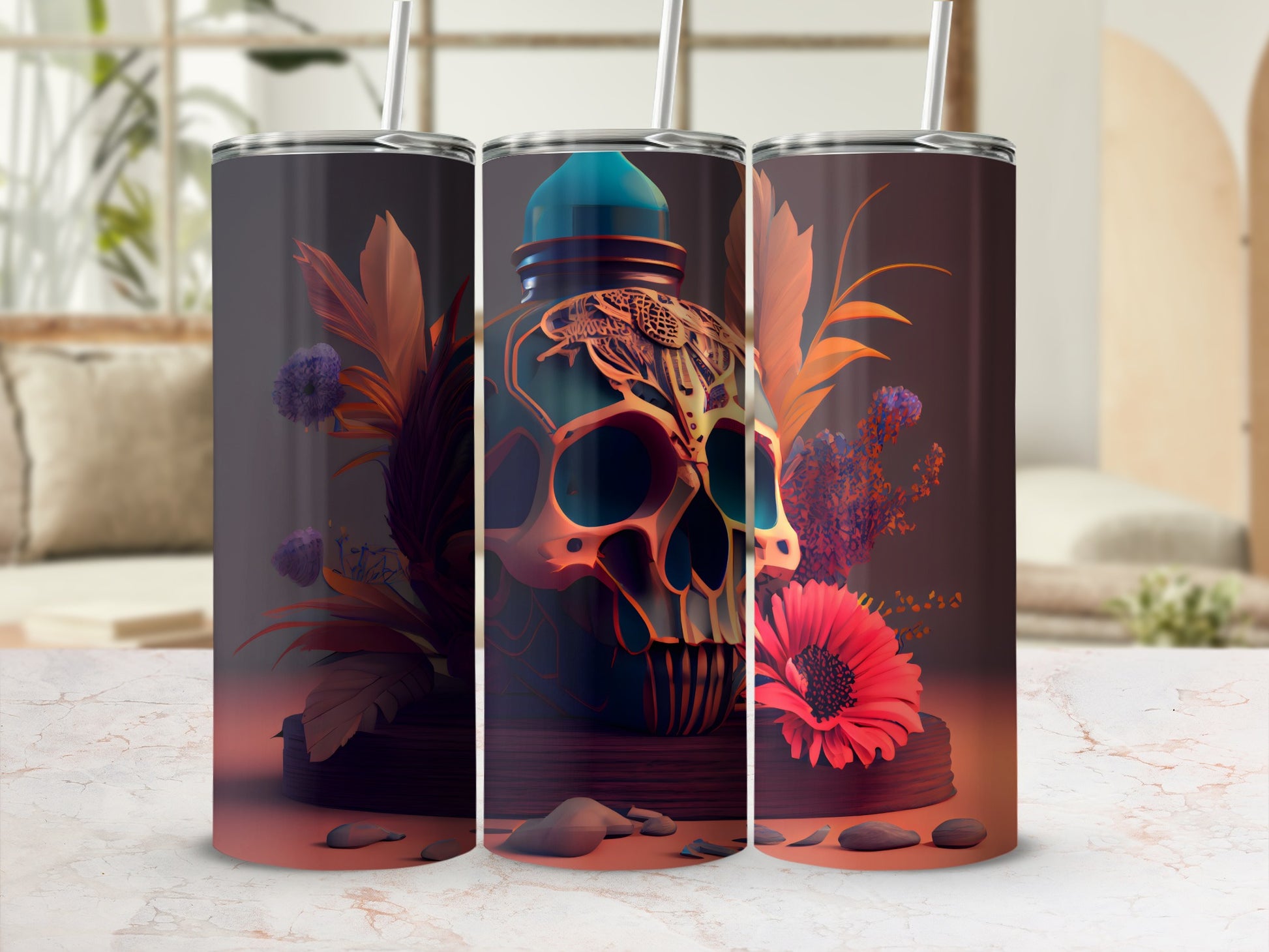 Floral Skull Art Design Insulated Tumbler Cup