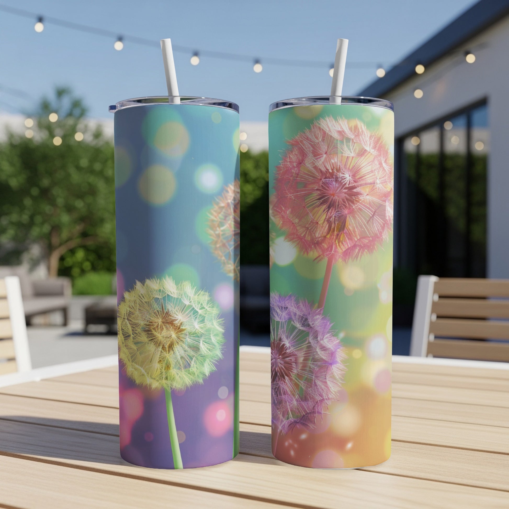 Two tumblers with dandelion seed head designs in front of a blurred outdoor setting.