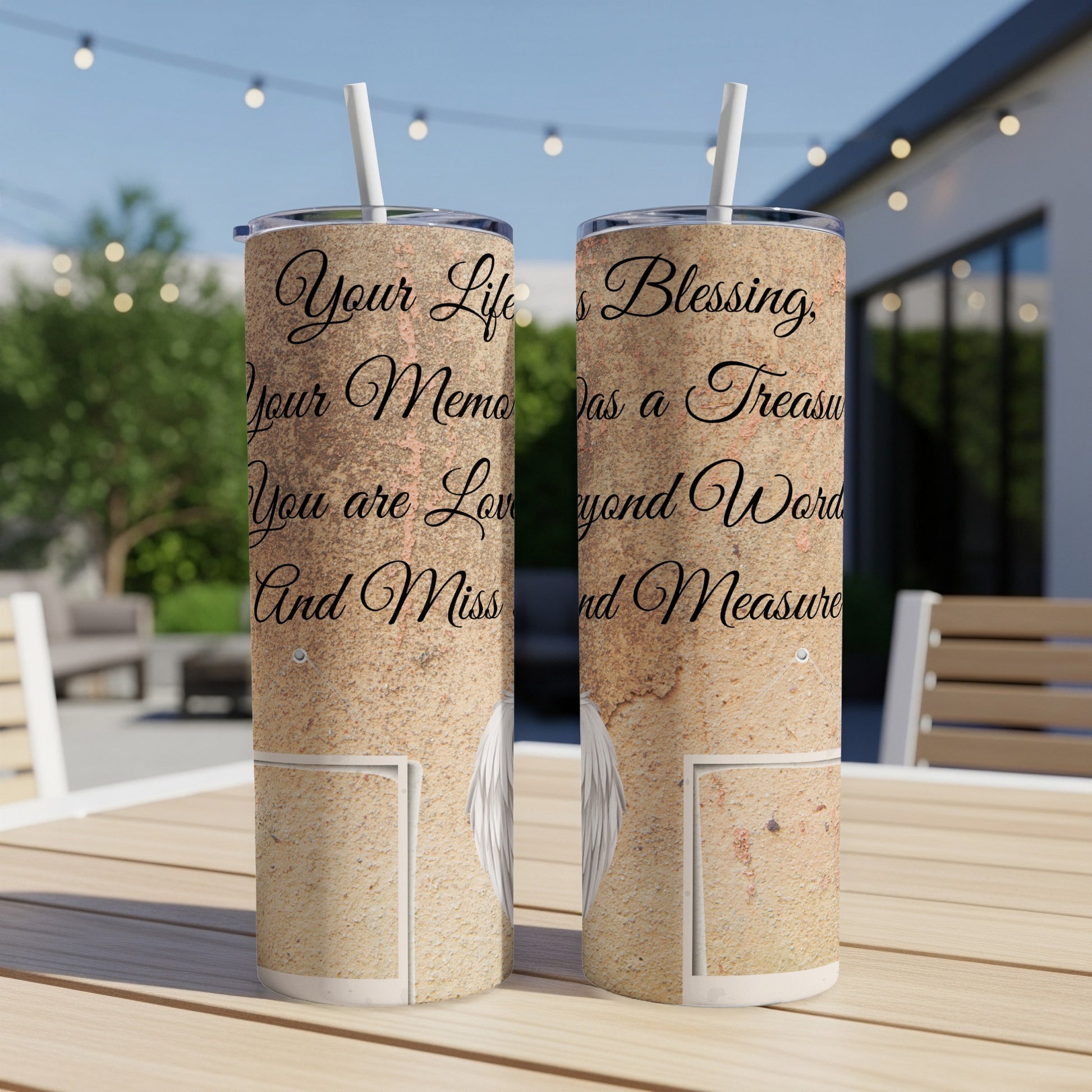 Two tumblers with sandy texture and text: "Your Life Blessing, Your Memo as a Treasure, You are Loved Beyond Words, And Missed Beyond Measure."