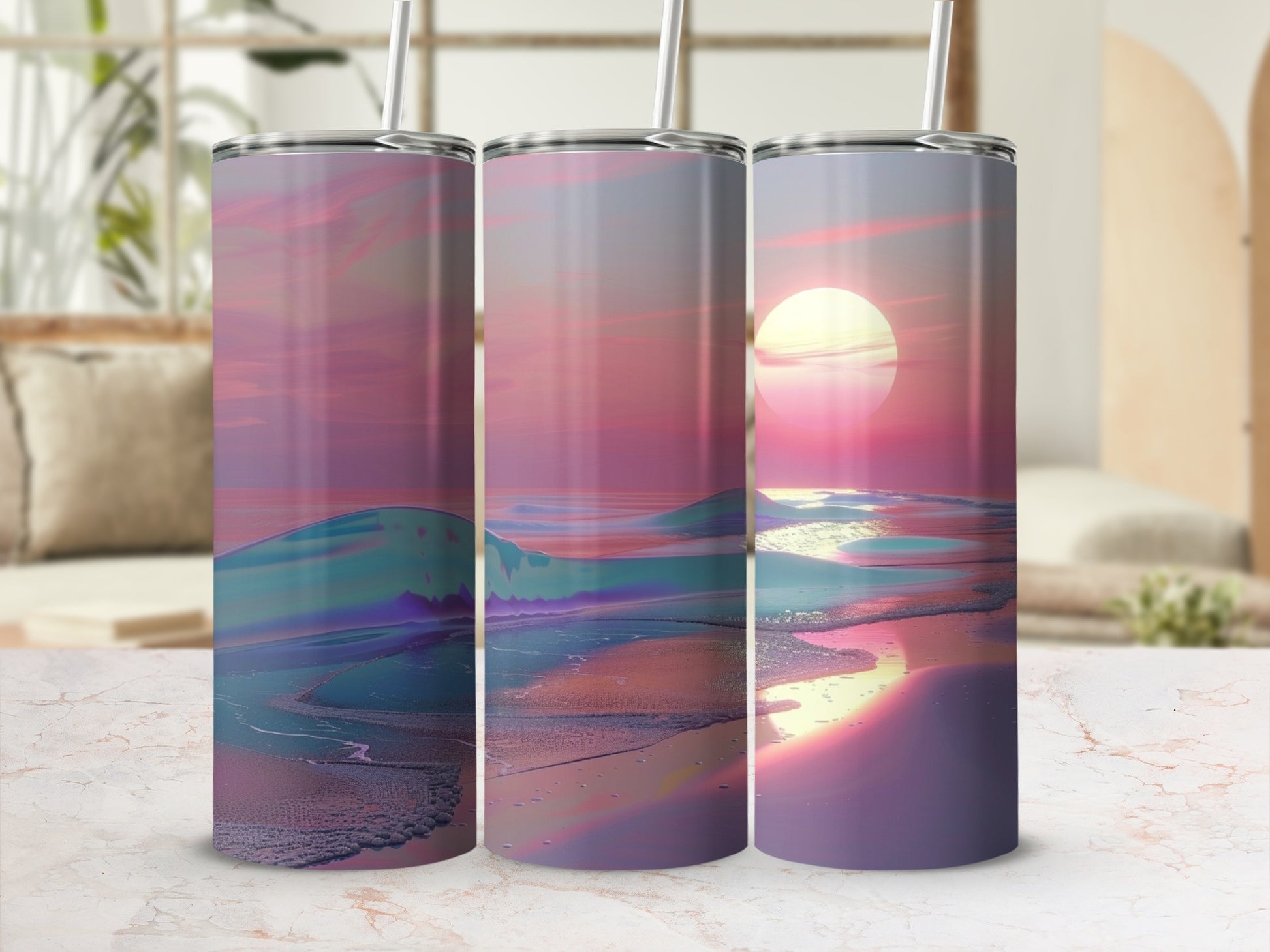 Three tumblers featuring a sunset over ocean waves with pastel colors.