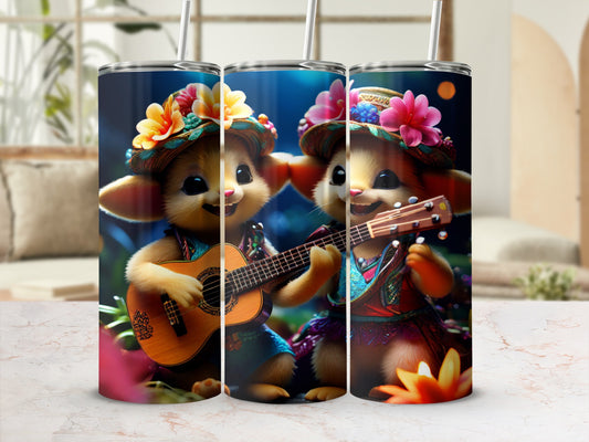 Two cute cartoon mice play acoustic guitars, wearing flower hats and colorful outfits.
