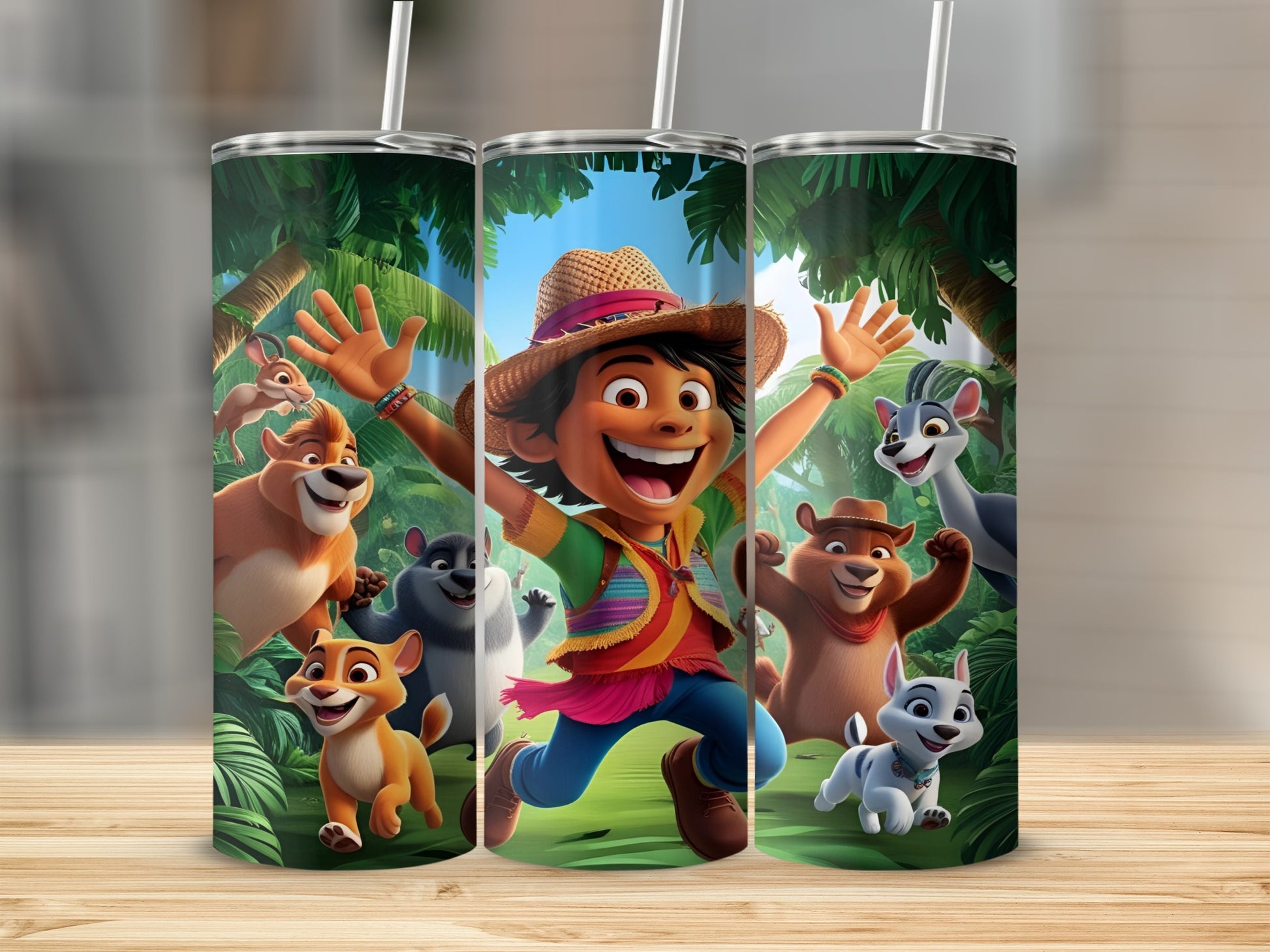 Animated boy with straw hat and jungle animals on a patterned tumbler.