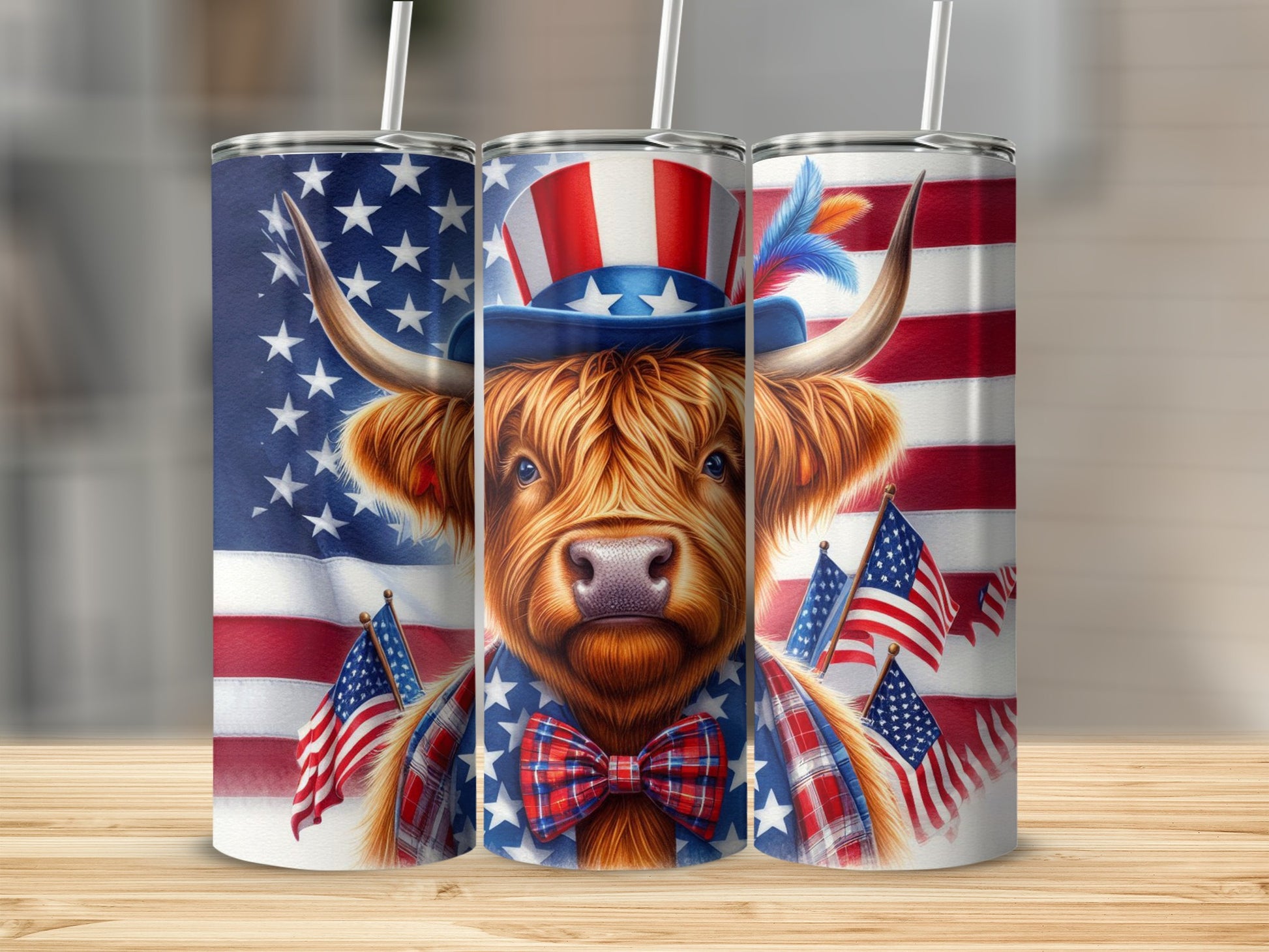 Highland cow in patriotic hat and bow tie with American flags.