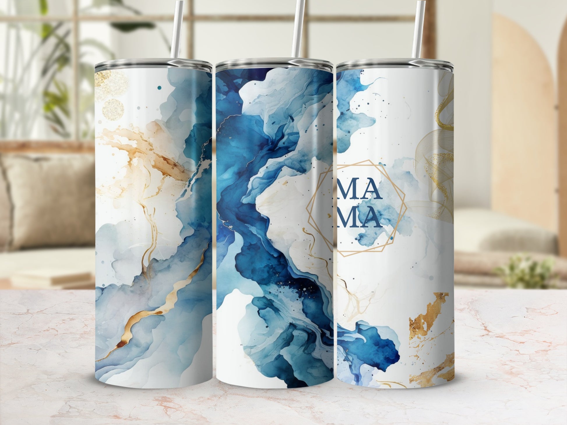 Stunning Abstract Blue and Gold Insulated Tumbler