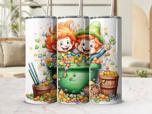 Leprechaun characters in a cauldron filled with candy and gold coins.