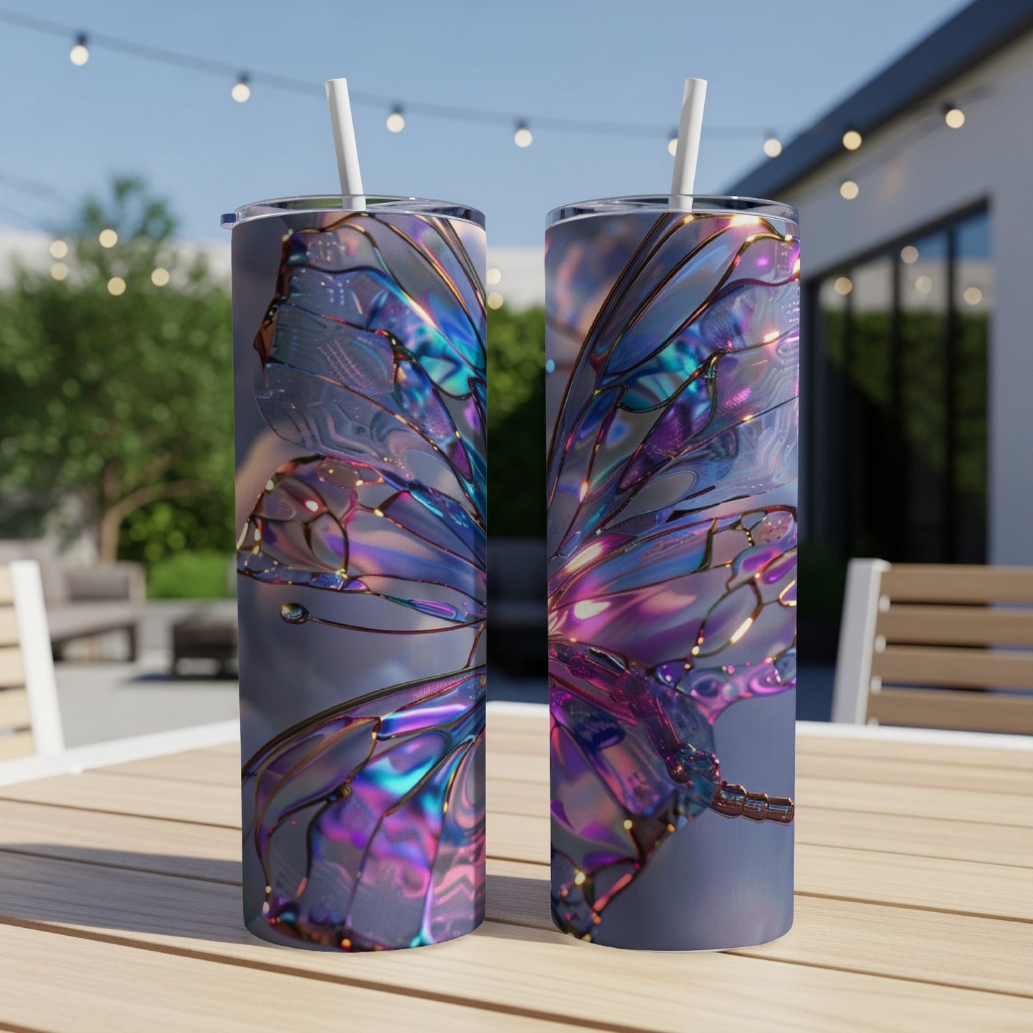 Two iridescent dragonfly wing patterned tumblers with straws on a table.