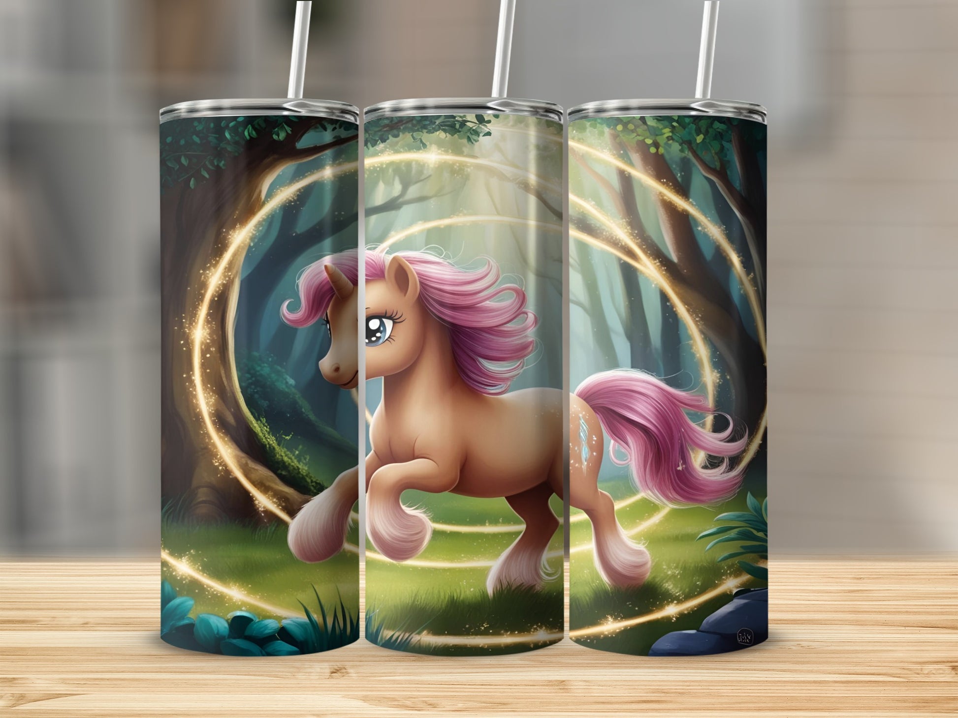 Unicorn with pink mane and tail running through a magical forest.